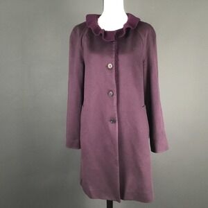 Aquascutum Coat Womens 10 Purple Wool Knit Ruffle Collar Button Lined Overcoat
